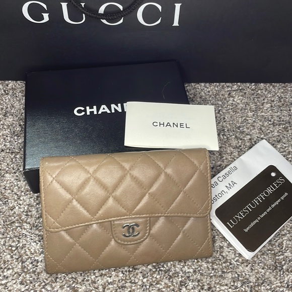 Authentic CHANEL Matelasse lamb skin wallet taupe